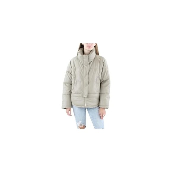 DKNY Jeans Womens Faux Leather Short Puffer Jacket Tan Size Large Was $189 - Picture 1 of 3